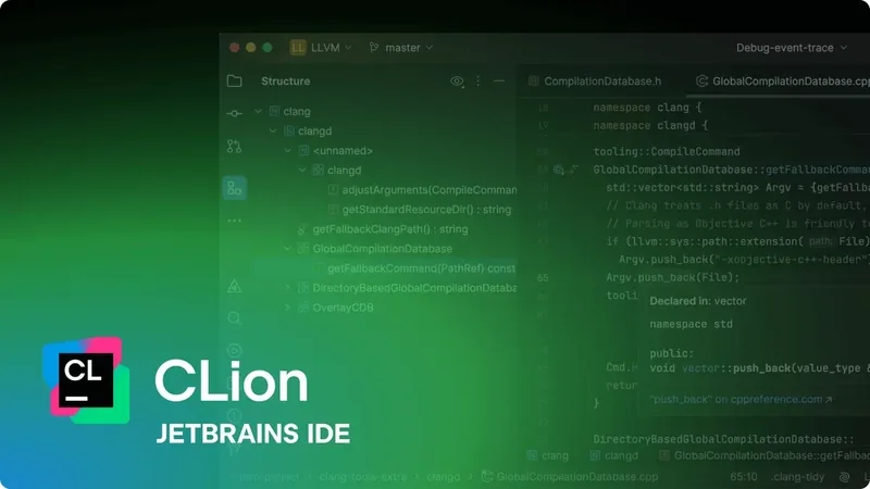 CLion IDE showing the code editor and structure panel with the CLion logo