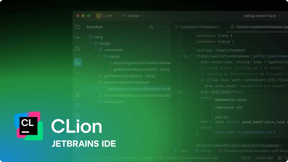 CLion IDE showing the code editor and structure panel with the CLion logo