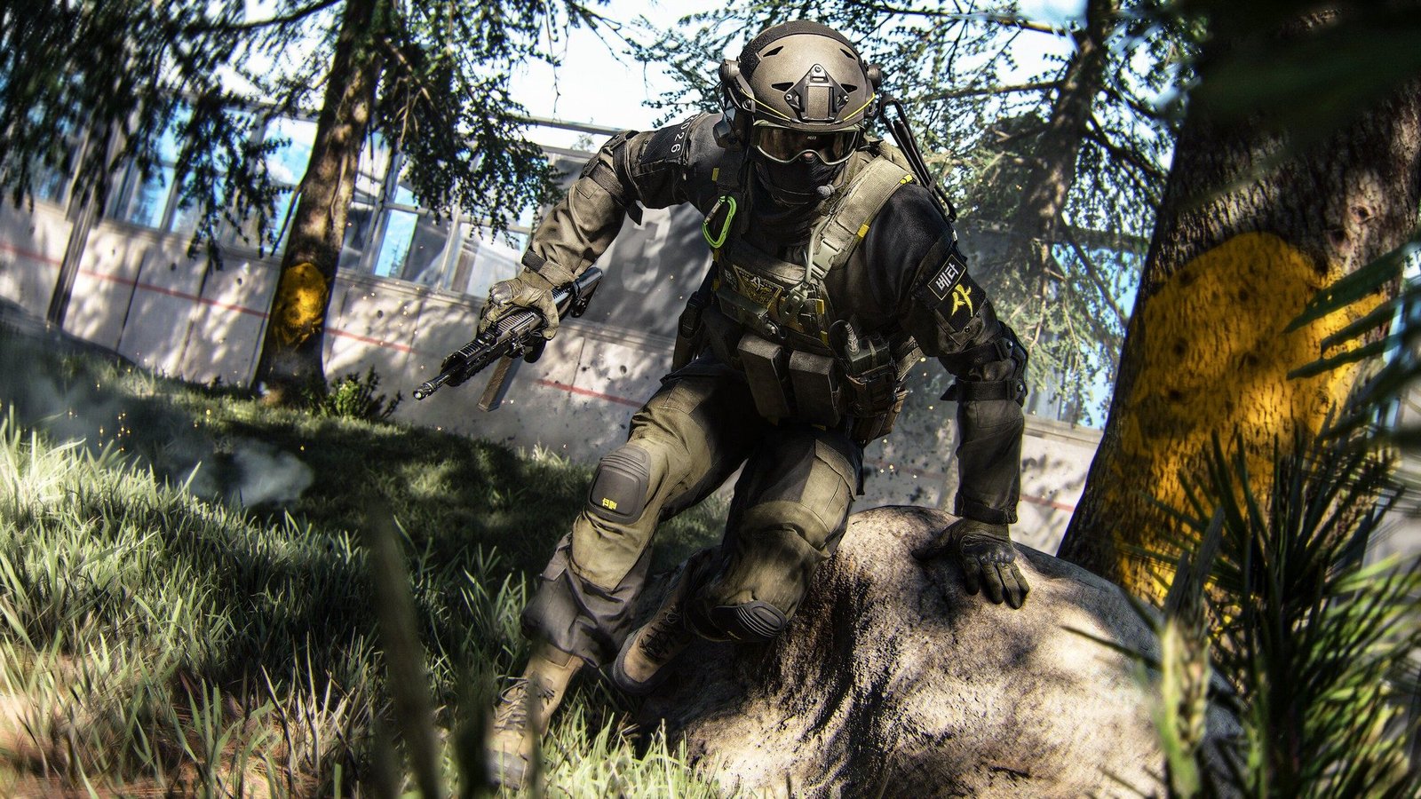 Call of Duty: Modern Warfare 4 soldier in tactical gear crouching with a rifle among grass and trees