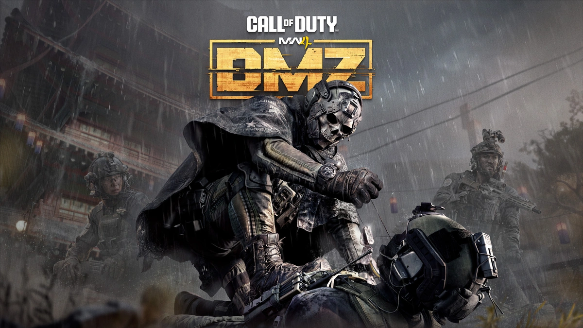 Call of Duty: Modern Warfare 4 DMZ key art of a masked operator in the rain beneath the DMZ logo