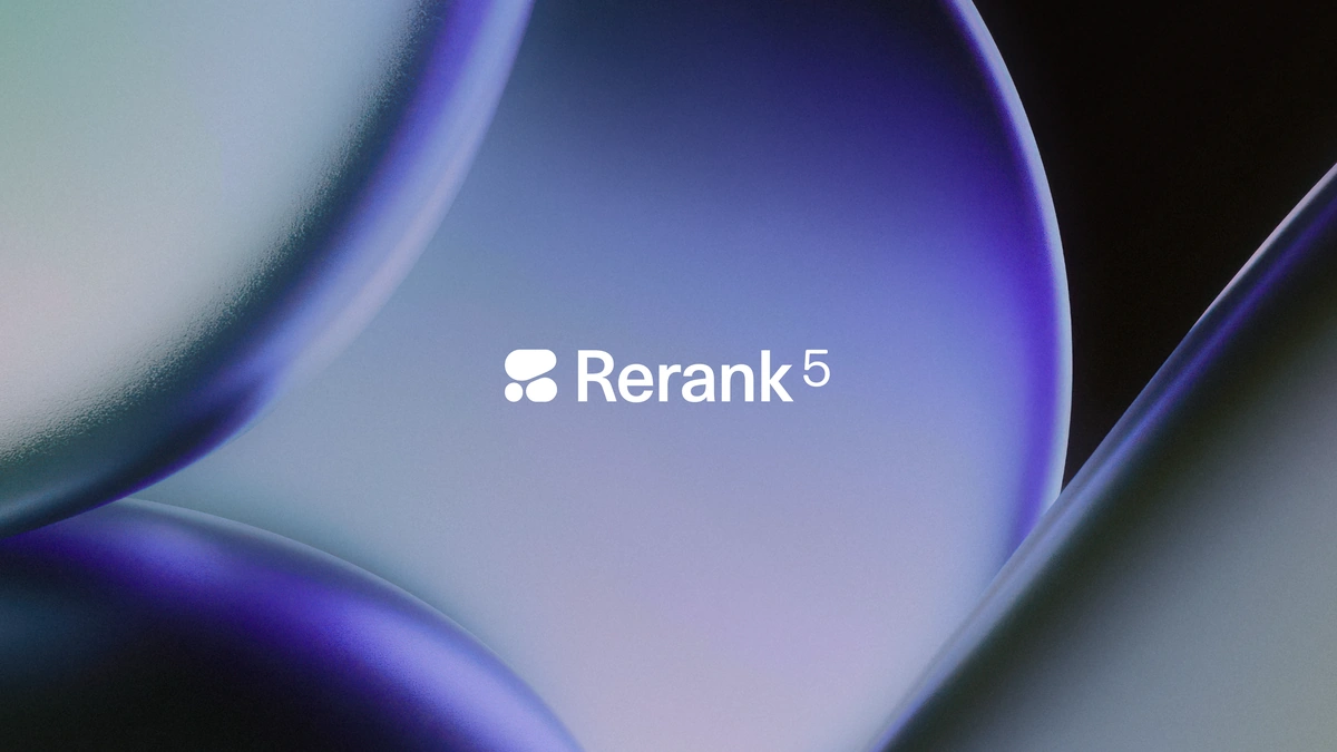 Cohere Rerank 5 name and logo over an abstract render of translucent purple and blue curved shapes