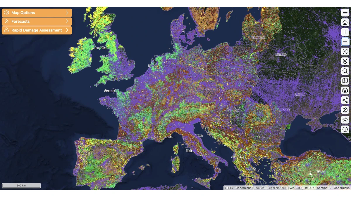 Copernicus EFFIS map interface showing colorized wildfire risk data across Europe