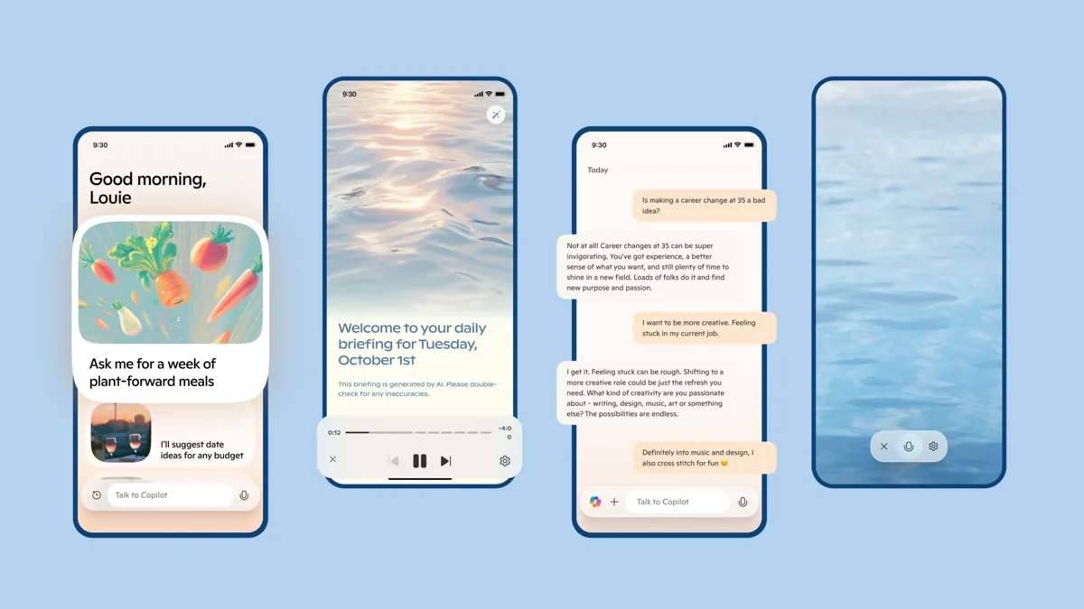 Four iPhone screens showing Microsoft Copilot Health daily briefing, voice assistant, recipes, and water companion