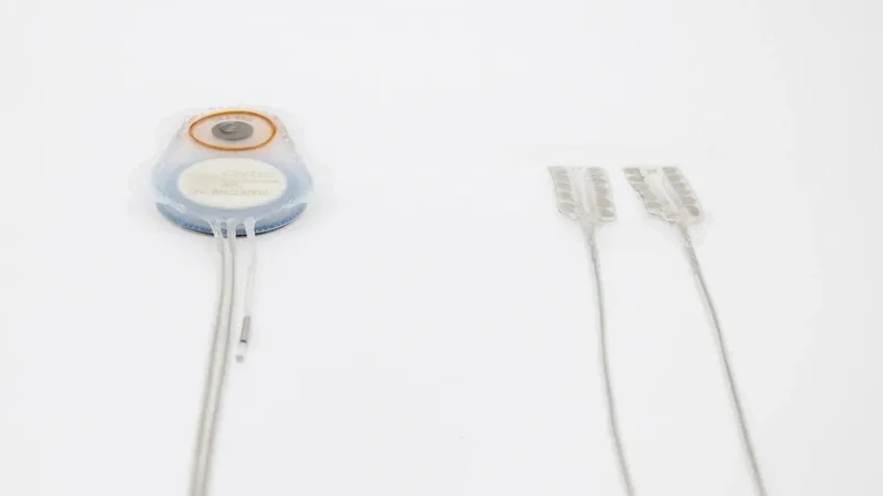 CorTec Brain Interchange implant with lead wires running to two electrode arrays, on white