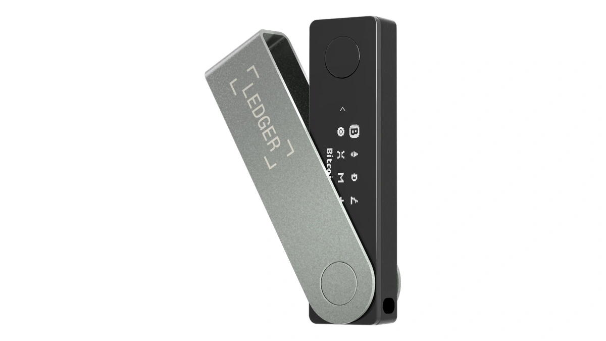 Ledger Nano X hardware wallet with its swivel cover open, showing the screen and two buttons