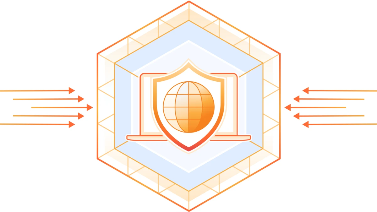 Cloudflare illustration of a shield and globe inside a hexagon with orange arrows converging from both sides