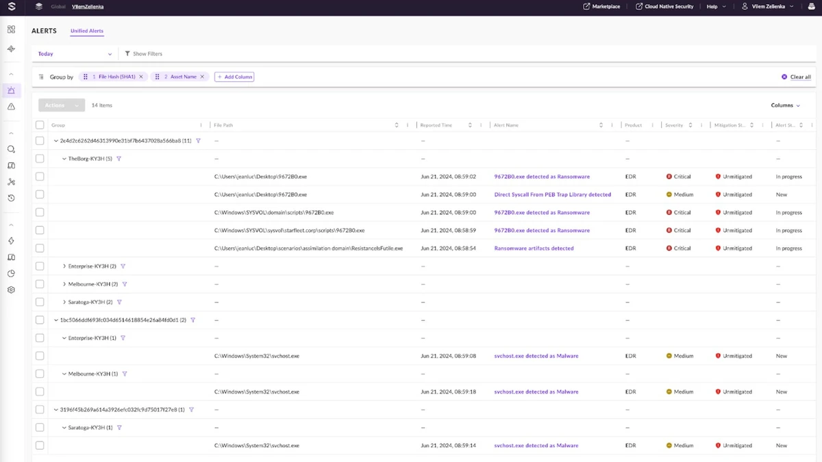 A SentinelOne Singularity console shows grouped critical endpoint detection alerts.