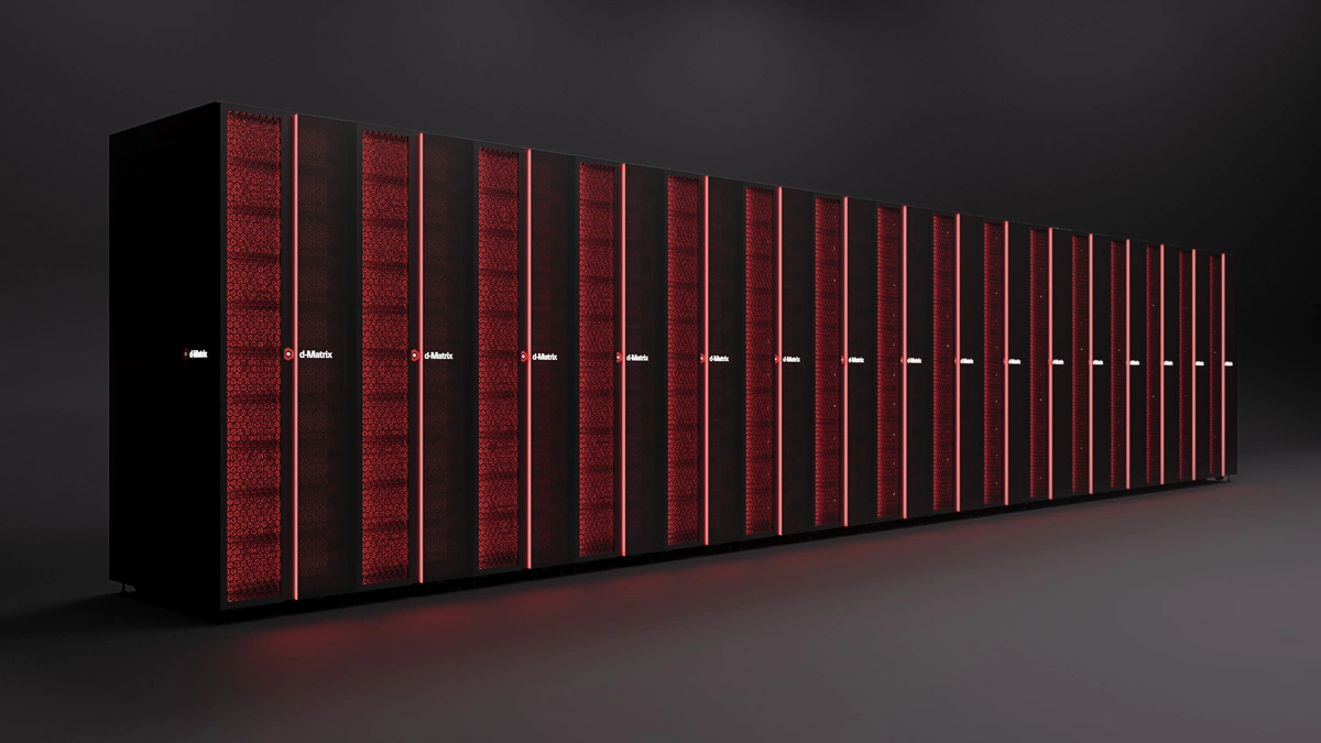 d-Matrix Squadron row of black server racks with red-lit fronts in a dark data hall