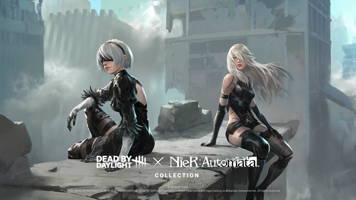 Key art of 2B and A2 from Nier: Automata sitting in a ruined city for the Dead by Daylight crossover