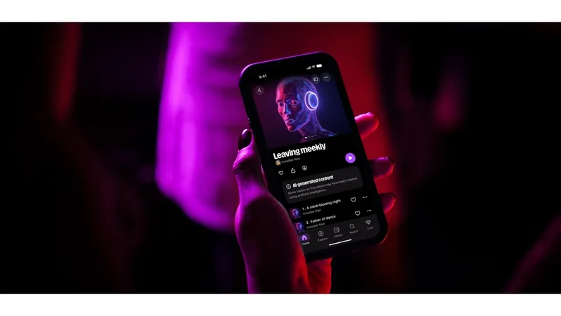 Hand holding a phone with a Deezer album page that shows an AI-generated content label, lit in purple and red