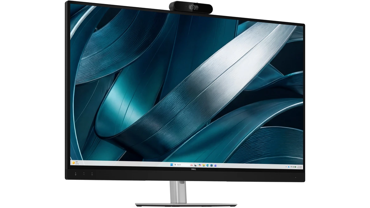 Dell P4326QEB huddle-room monitor shown in three-quarter view with camera on top