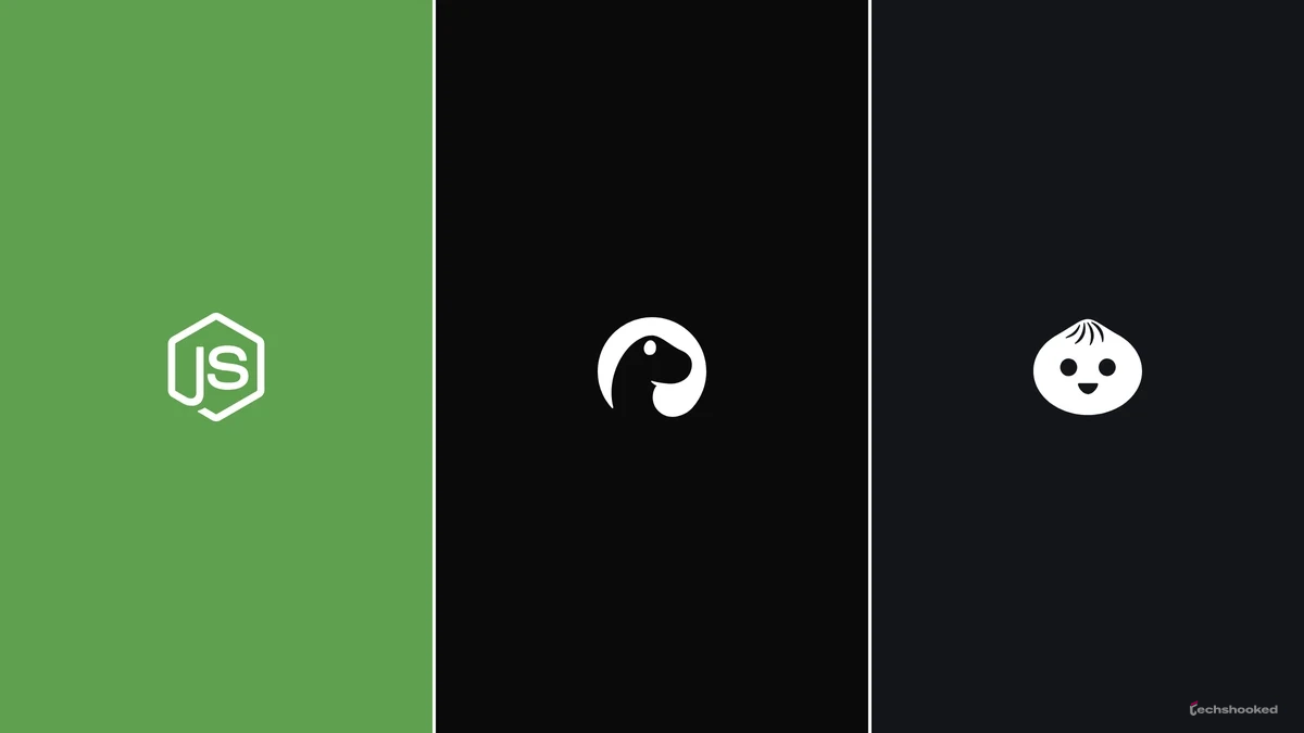 Node.js, Deno, and Bun logos shown for JavaScript runtimes.
