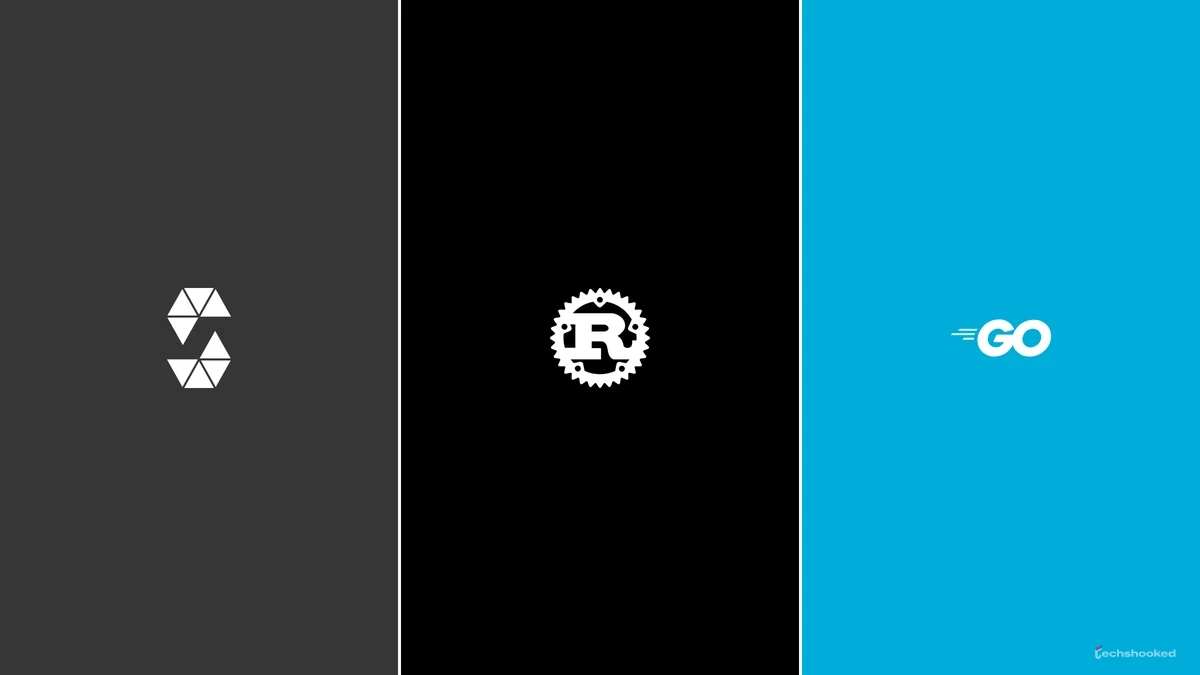 Solidity, Rust, and Go logos shown for blockchain programming languages.