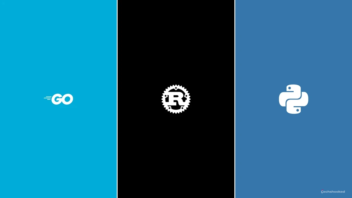 Go, Rust, and Python logos shown for a backend language comparison.