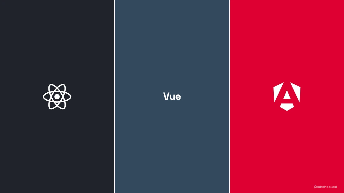 React, Vue, and Angular logos shown for a frontend framework comparison.