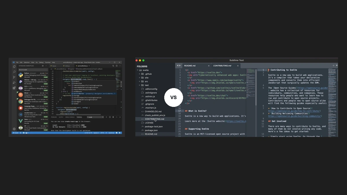 Visual Studio Code and Sublime Text windows side by side on a dark background, split by a VS badge.