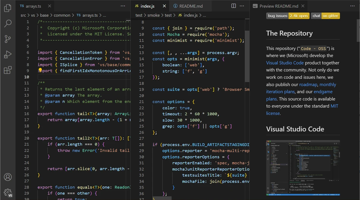 Visual Studio Code showing two editor groups beside a Markdown preview of a README.