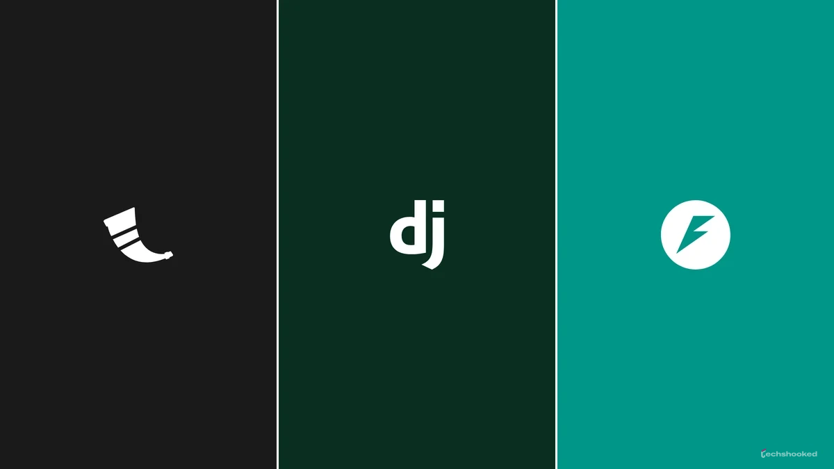 Flask, Django, and FastAPI logos shown for Python web frameworks.
