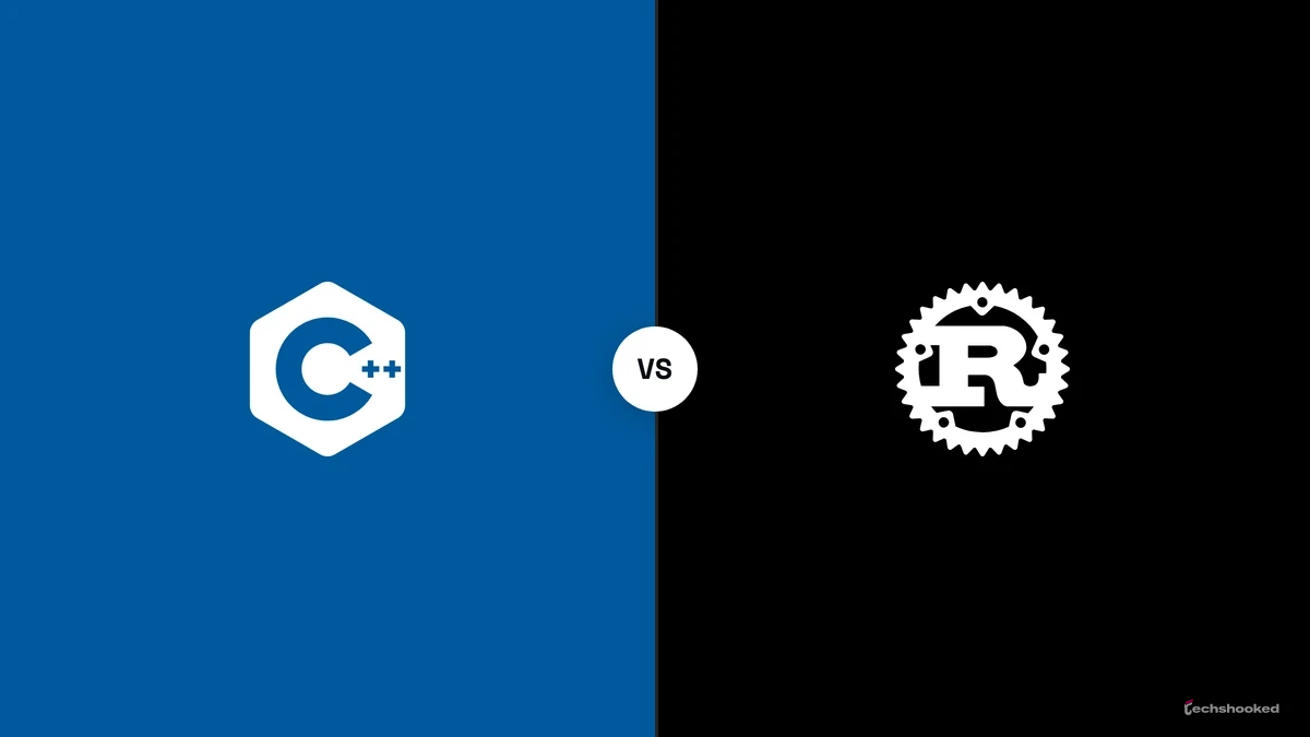 C++ and Rust logos shown together comparing speed and memory safety.