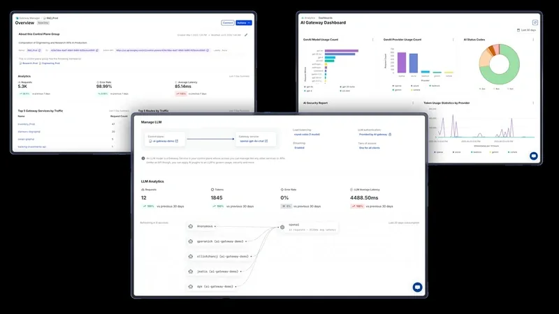 A Kong Konnect API gateway dashboard shows management of services and routes.