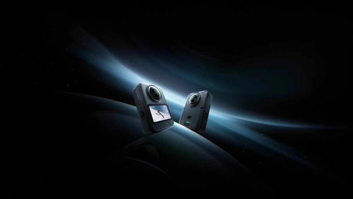 Two DJI Osmo 360 II cameras shown front and back against a dark cinematic starfield backdrop