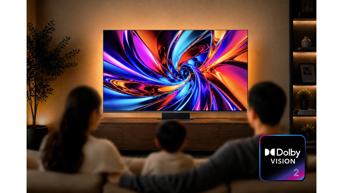 Family seen from behind watching a wall-mounted Hisense TV with the Dolby Vision 2 logo in the corner