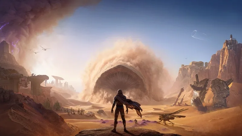 Dune: Awakening key art for Xbox: a cloaked figure faces a giant sandworm rising from the desert near an ornithopter