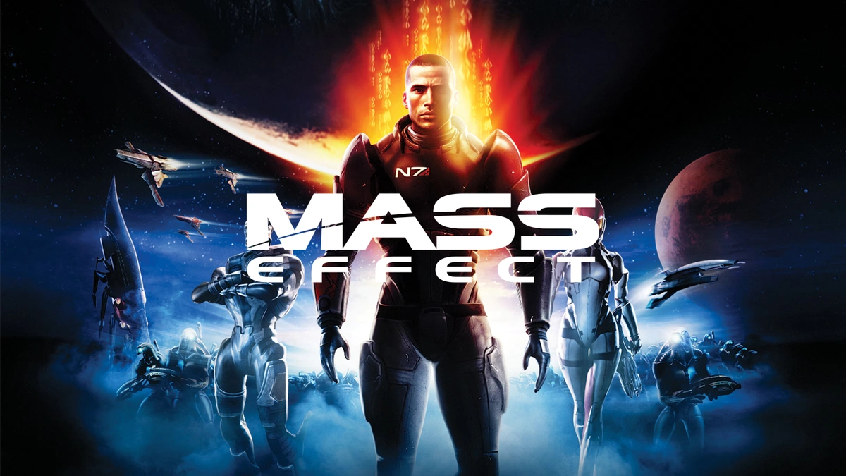 Mass Effect key art of a soldier in N7 armor facing the camera with spaceships and a planet behind