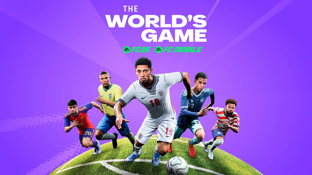 EA SPORTS FC 26 key art with five international footballers on a globe-shaped pitch