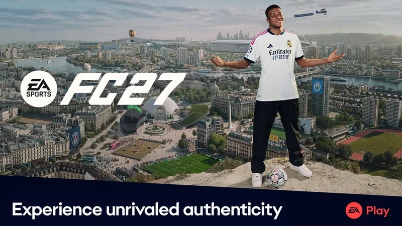 EA Sports FC 27 key art of a footballer in a white Real Madrid kit above a city of stadiums and pitches