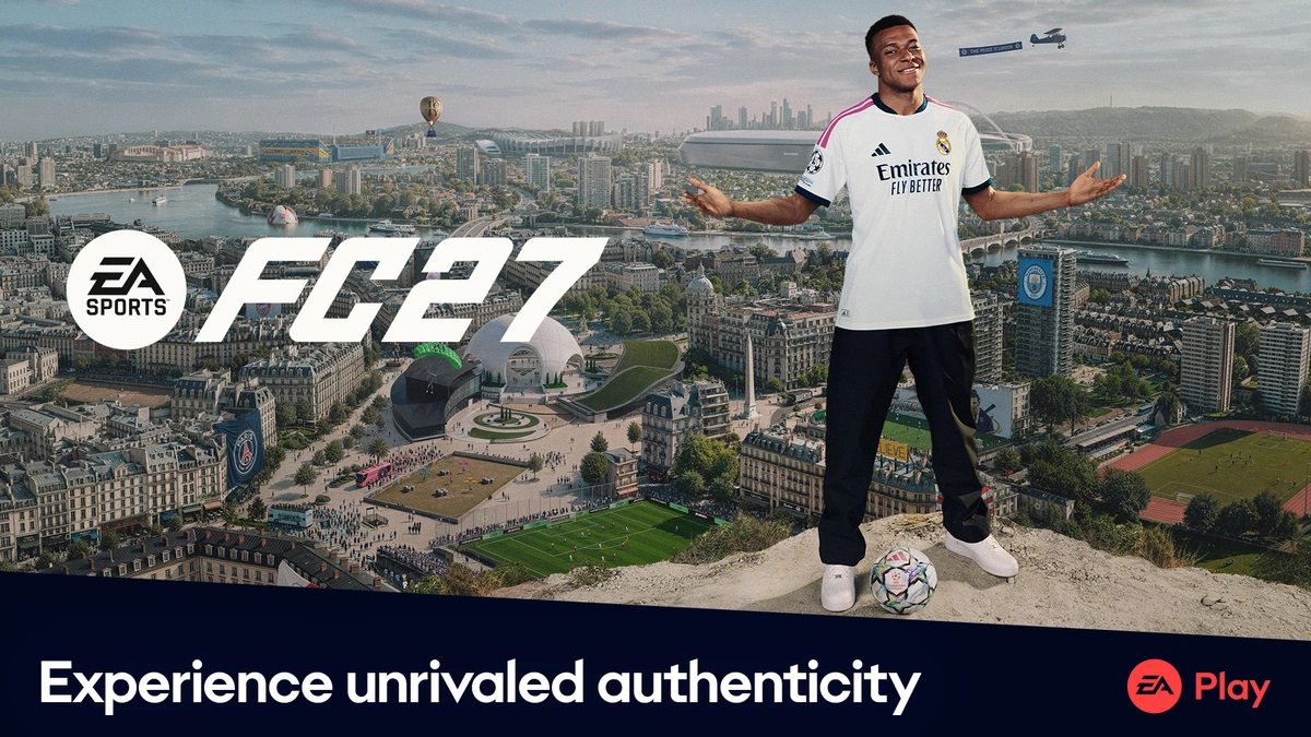EA Sports FC 27 key art of a footballer in a white Real Madrid kit above a city of stadiums and pitches