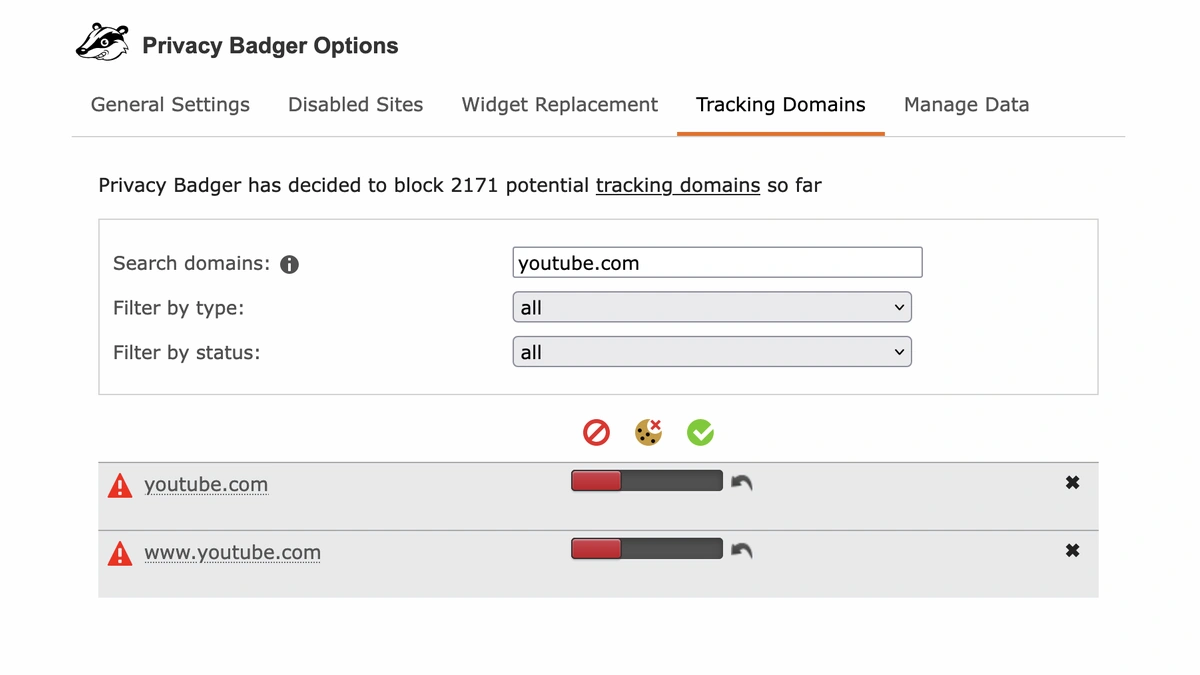 Privacy Badger options page listing blocked tracking domains with a youtube.com search
