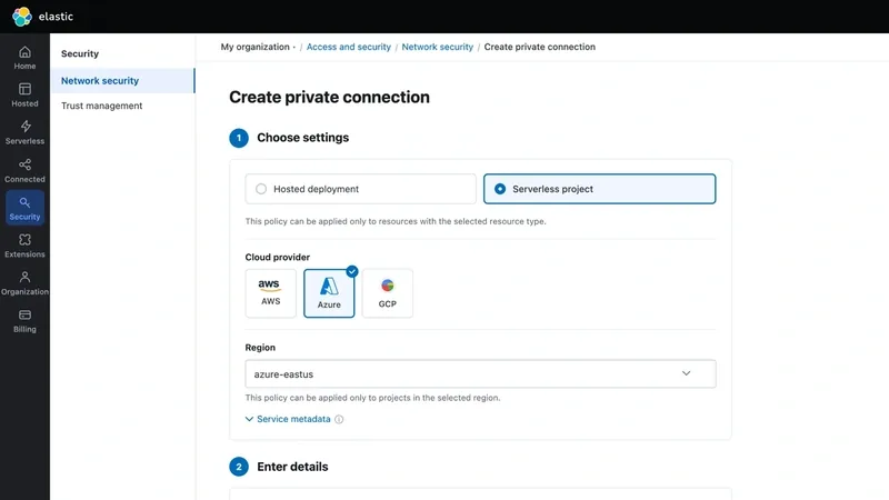 Elastic Cloud console showing the Create private connection form with Azure selected and region azure-eastus.