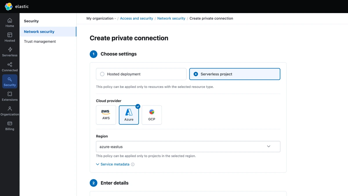 Elastic Cloud console showing the Create private connection form with Azure selected and region azure-eastus.