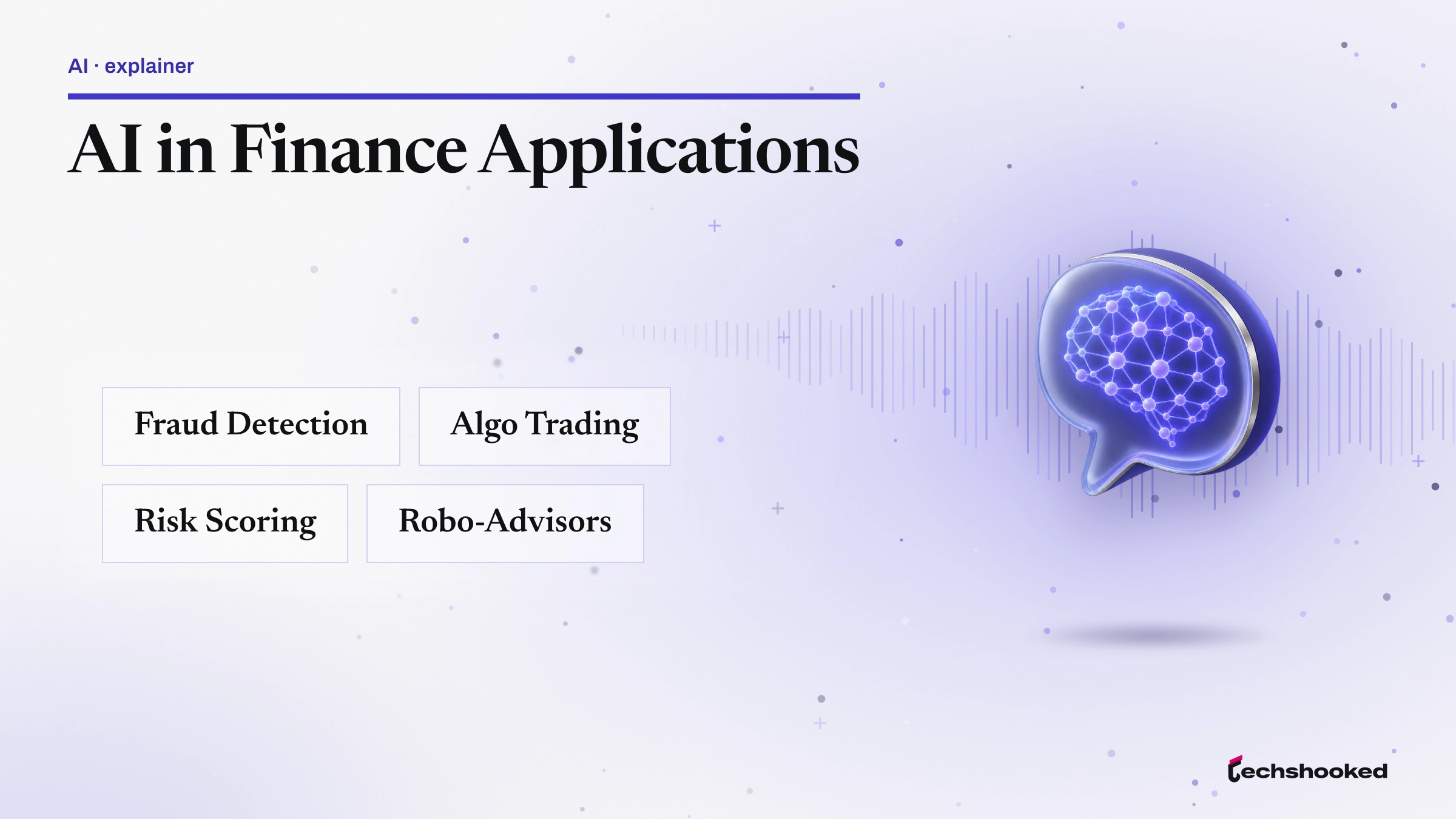 Concept diagram explaining AI in Finance: fraud detection, algo trading, risk scoring, robo-advisors.