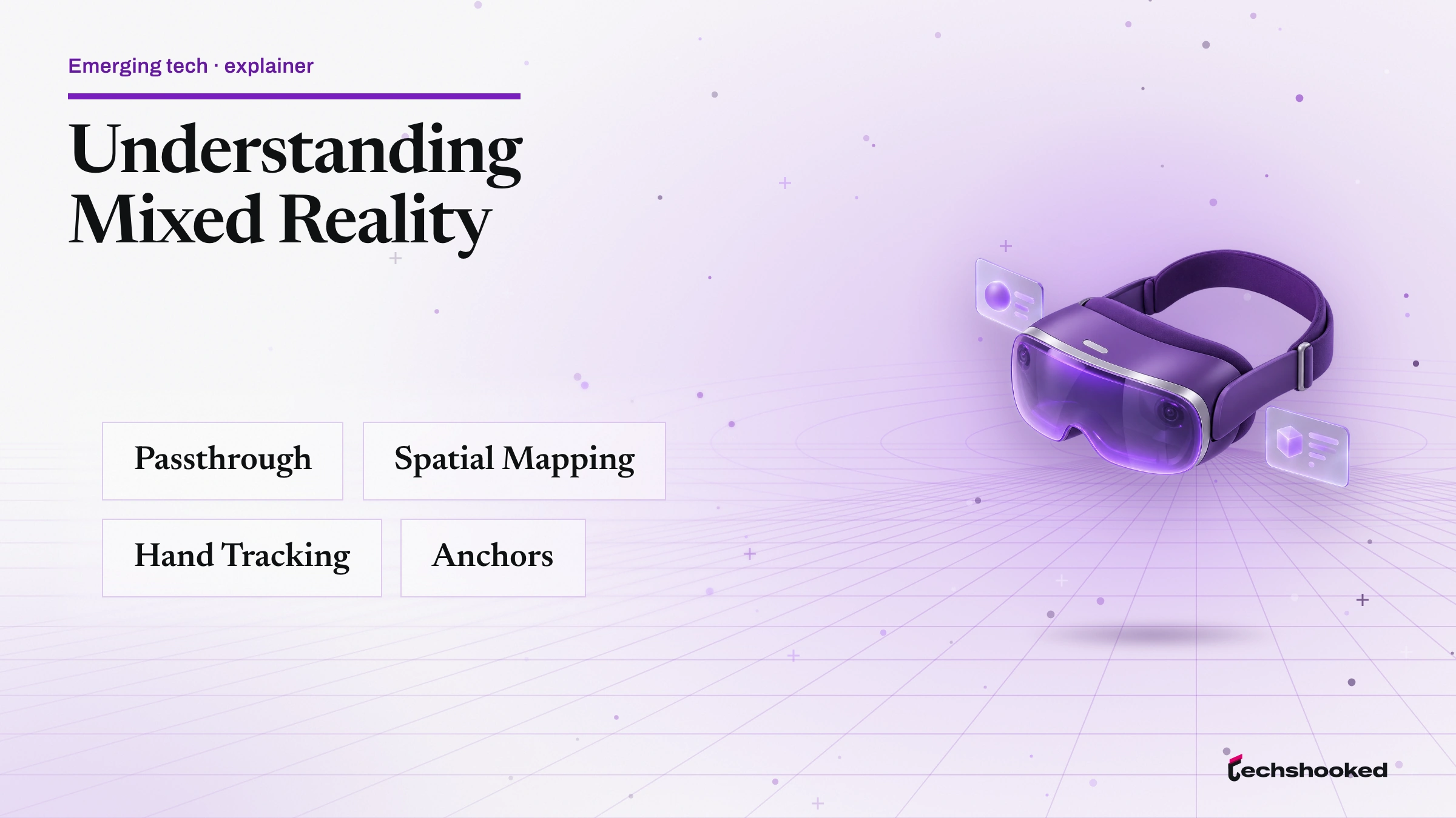 Concept diagram explaining Mixed Reality: passthrough, spatial mapping, hand tracking, anchors.