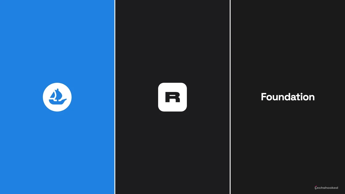 Logos of OpenSea, Rarible, and Foundation NFT marketplaces.