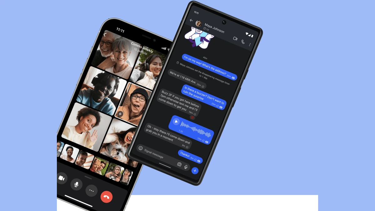 Signal app showing an encrypted group video call and a disappearing-message chat