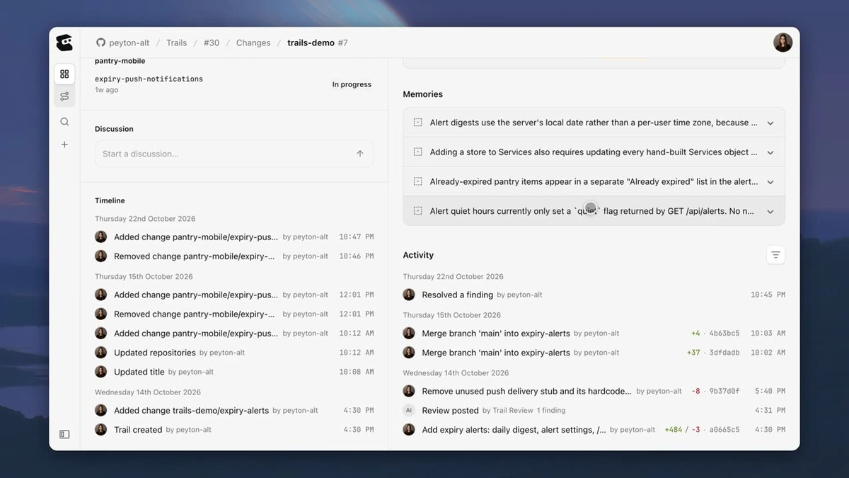 Entire Trails view with a timeline of changes, memories and an activity feed