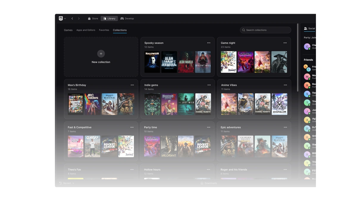Epic Games Launcher library showing game collections beside a friends list on a dark interface