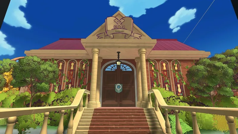 Escape Academy 2: Back 2 School library building with columns, a red roof and front steps, in a cartoon style