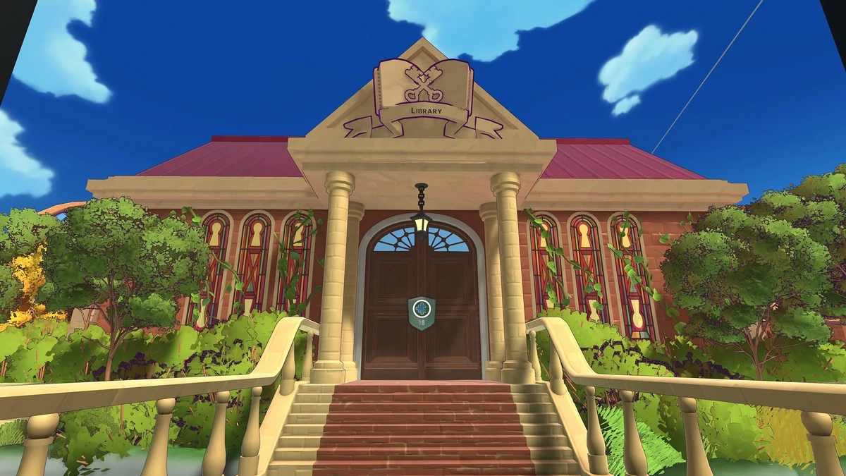 Escape Academy 2: Back 2 School library building with columns, a red roof and front steps, in a cartoon style