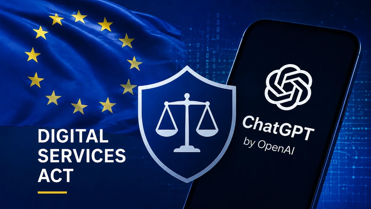 EU flag and 'Digital Services Act' text beside a phone showing the ChatGPT logo and a justice-scales shield