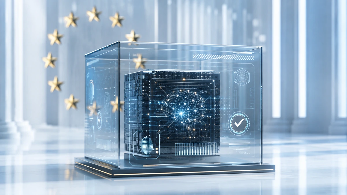 AI chip in a glass case with a glowing neural network, EU gold stars and white columns behind.