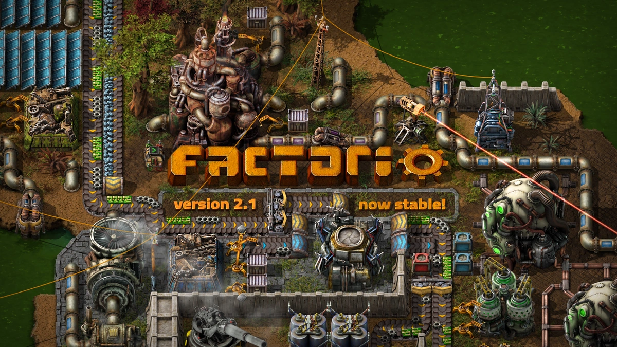 Factorio logo and the words version 2.1 now stable over a top-down factory of pipes, belts and machines