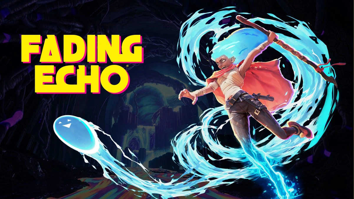 Fading Echo key art for PlayStation 5: a blue-haired hero leaps with a staff amid swirling blue water energy