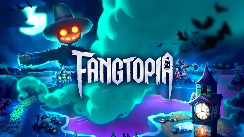 Fangtopia key art: a jack-o-lantern-headed scarecrow looms over a moonlit village with a clock tower and bats