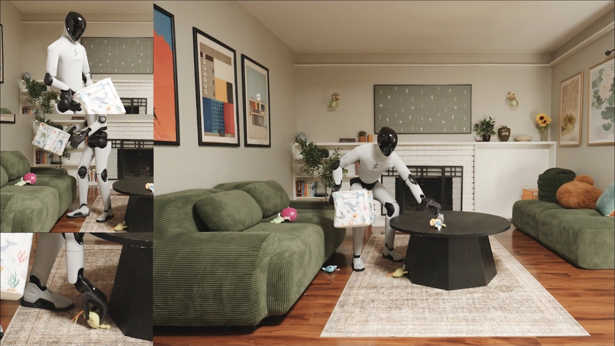 Figure humanoid robot tidying a living room, carrying a patterned tote bag beside a green sofa and a coffee table