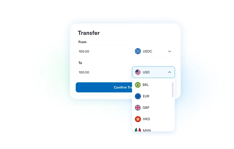 Circle Mint transfer form shows 100 in the USDC stablecoin set to move into USD, with a currency list open