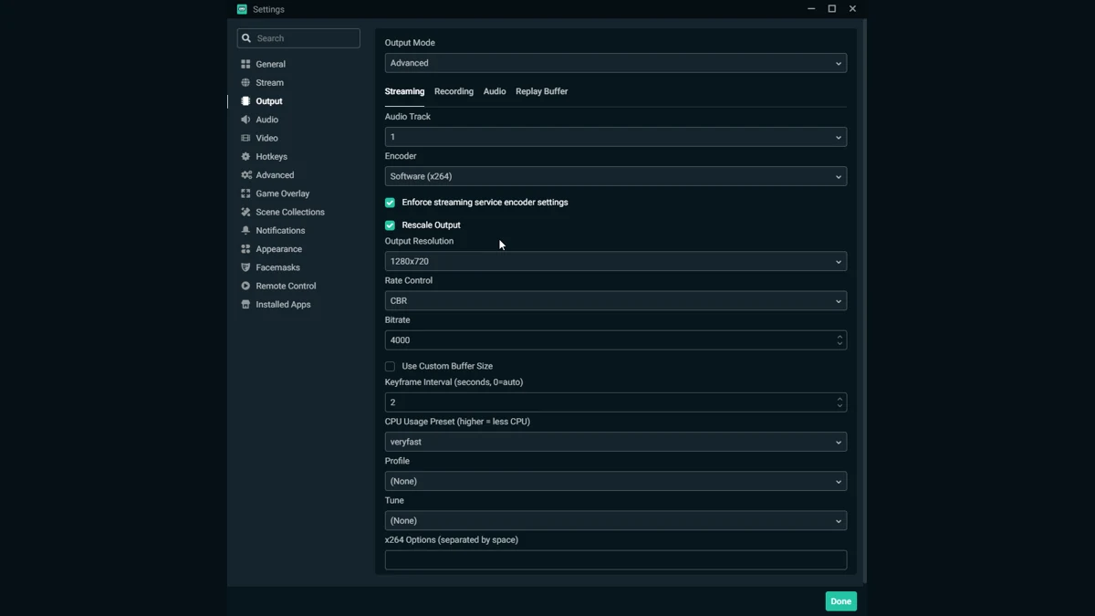 Streamlabs desktop encoder settings panel showing bitrate, resolution, and output configuration